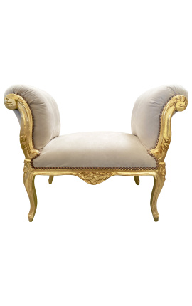 Barokk Louis XV-benk beige fløyelsstoff og gulltre