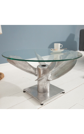 Round &quot;Helix&quot; coffee table in aluminum and silver-colored steel with glass top