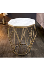 Aštuntakampis "Diamo" šoninis stalas su baltu marmuro viršuje ir medaus spalvos metalu