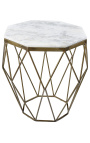 Aštuntakampis "Diamo" šoninis stalas su baltu marmuro viršuje ir medaus spalvos metalu