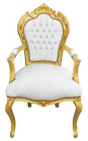 Silla de estilo barroco Rococo elegante piel blanca con cristal y madera dorada