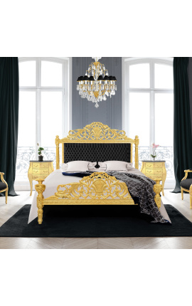 Baroková posteľ z čiernej sametovej tkaniny a zlatého dreva