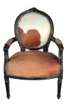 Baroque armchair of Louis XVI style real cow leather brown and white and raw wood