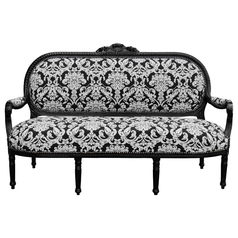 Louis XVI style sofa in white floral fabric and black wood