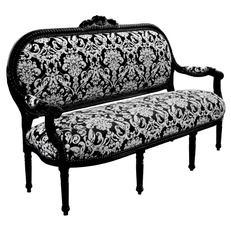 Louis XVI style sofa in white floral fabric and black wood