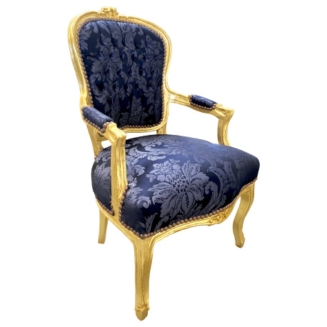 Baroque bergère armchair Louis XV style Gobelins blue satin fabric gold wood