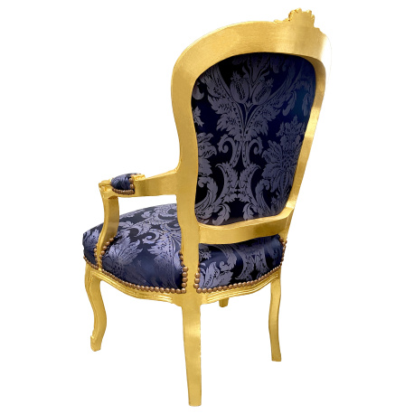 Baroque bergère armchair Louis XV style Gobelins blue satin fabric gold wood