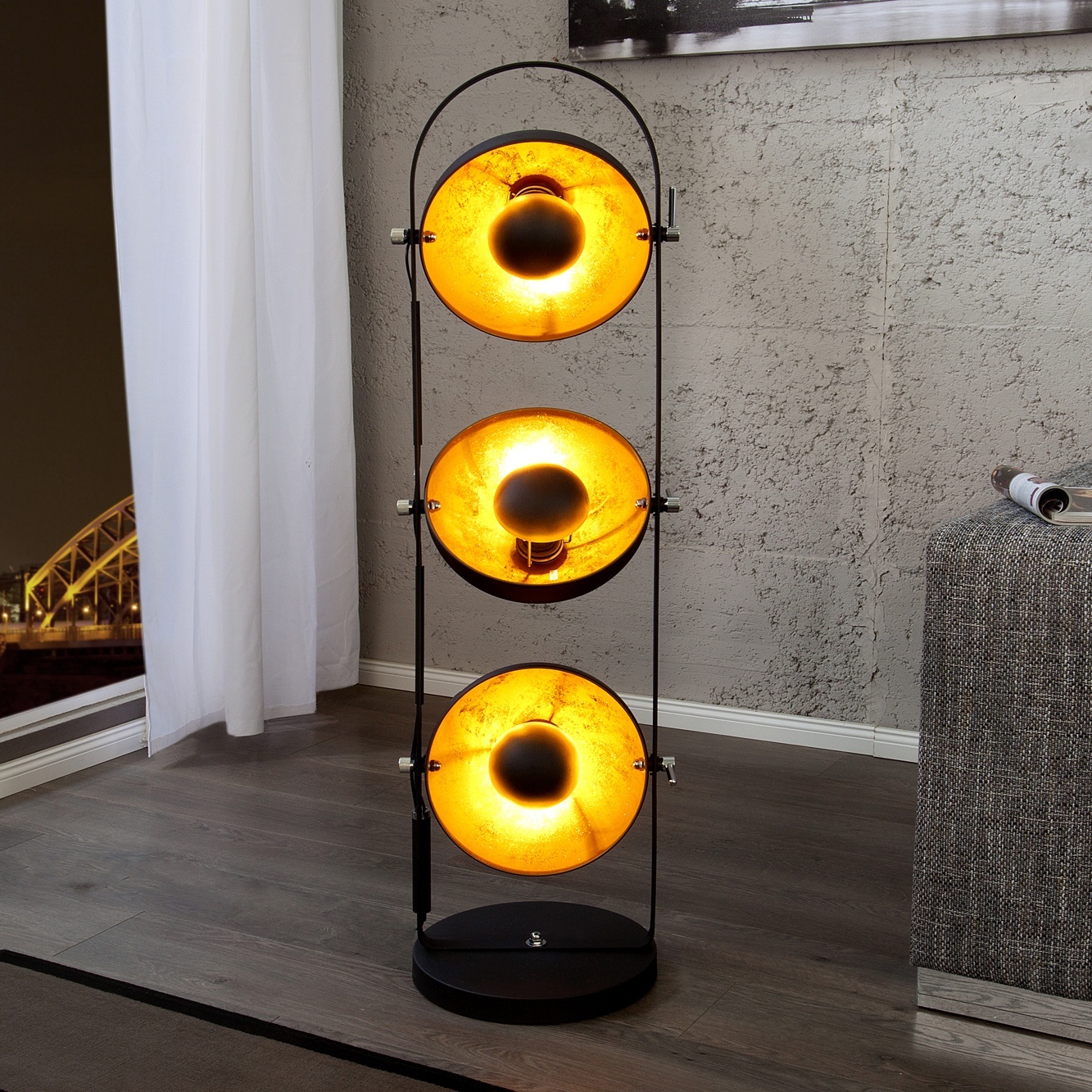 Bangladesh Stap Outlook Studio style lamp with 3 adjustable black and gold spots