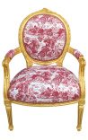 [Limited Edition] Louis XVI Barock-Stil Sessel mit toile de Jouy Stoff und vergoldetem Holz