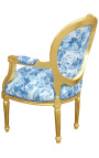 [Limited Edition] Louis XVI Barock Stil Sessel mit toile de Jouy Stoff blau und vergoldet Holz