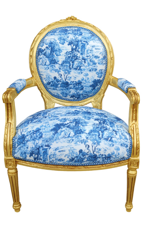 [Limited Edition] Louis XVI Barock Stil Sessel mit toile de Jouy Stoff blau und vergoldet Holz