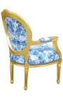 [Limited Edition] Louis XVI Barock Stil Sessel mit toile de Jouy Stoff blau und vergoldet Holz