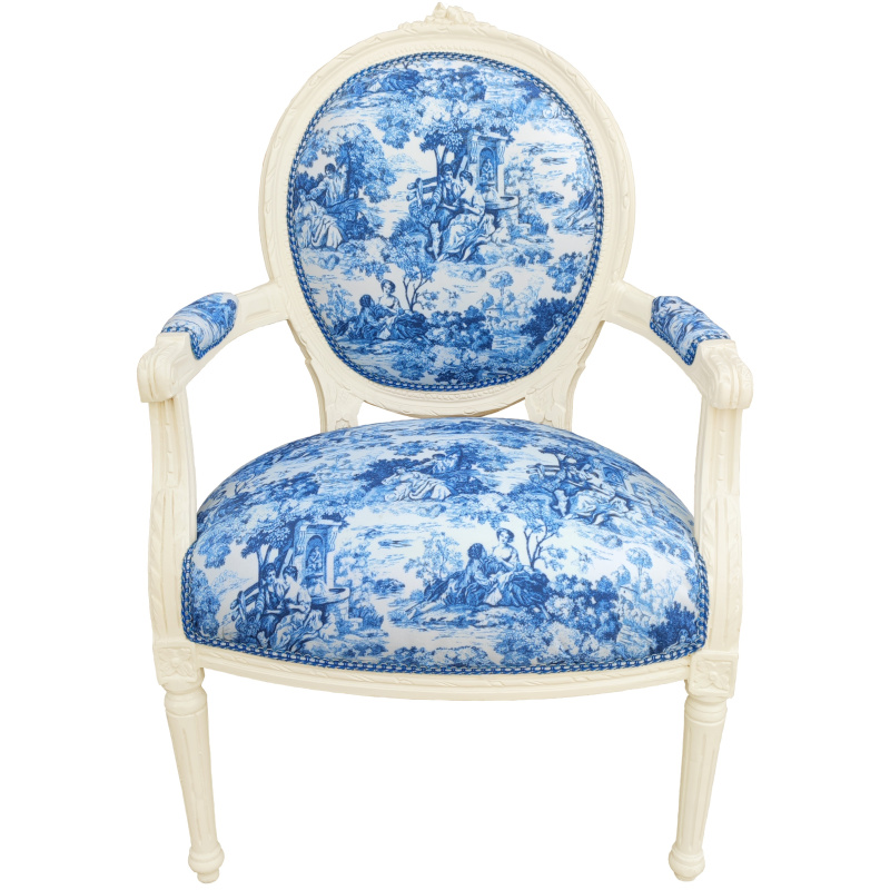 Baroque armchair of Louis XVI style blue toile de Jouy and beige wood