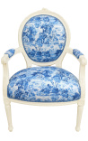 [Limited Edition] Armchair of Louis XVI style blue toile de Jouy and beige wood