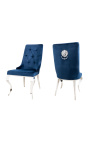 Ensemble de 2 chaises baroque contemporaines velours bleu et acier chromé