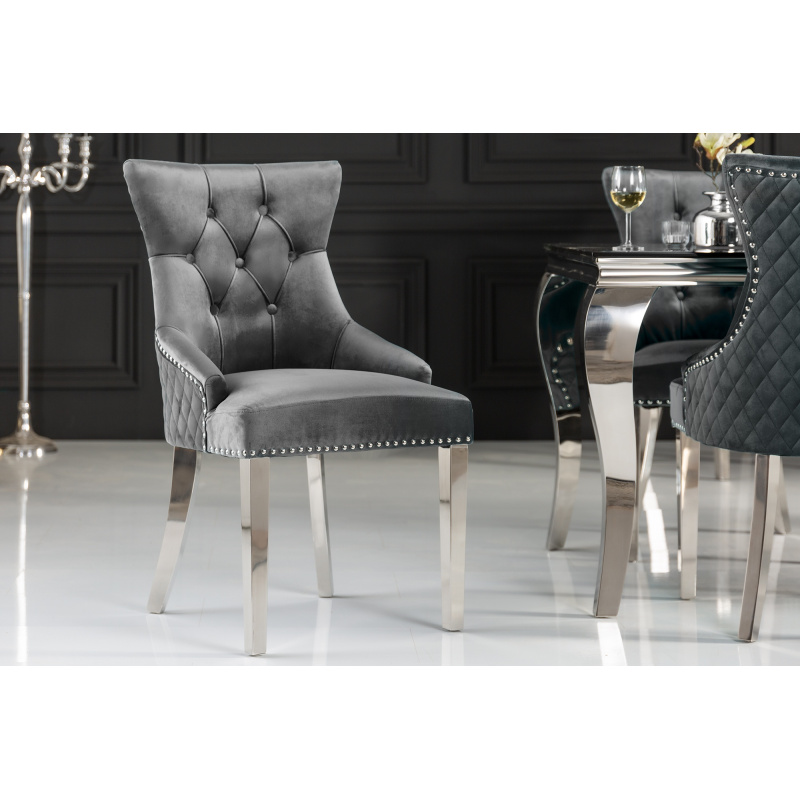 Set of 2 modern baroque chairs, straight back, gray and chromed steel