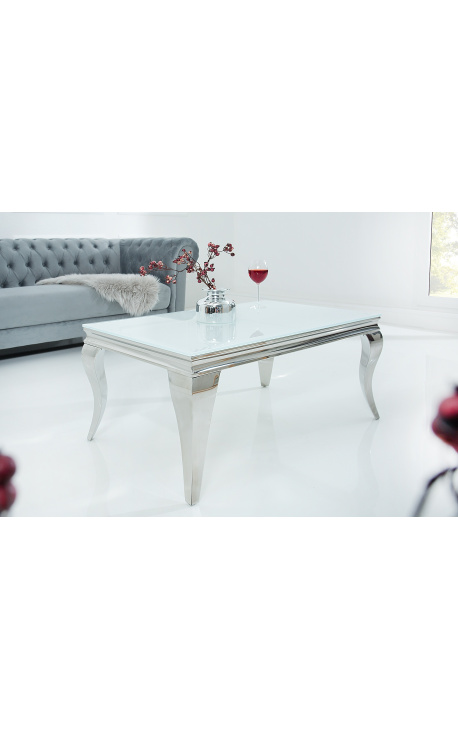 Mesa baja barroca moderna de acero plata plato en vidrio blanco