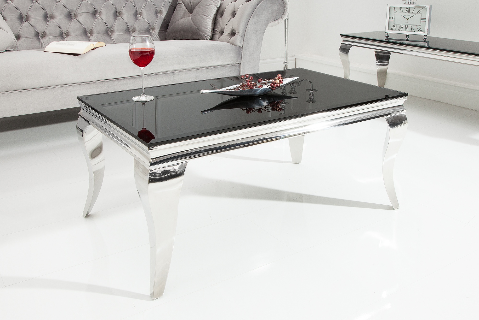 Bewijzen Zichzelf buffet Moderne barok salontafel in staal zilver en top zwart glas
