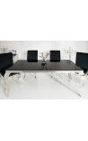 Modern baroque dining table in steel silver, top black glass 200cm