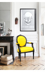 Baroque armchair Louis XVI style medallion in false yellow leather skin and black lacquered wood 