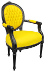 Baroque armchair Louis XVI style medallion in false yellow leather skin and black lacquered wood 