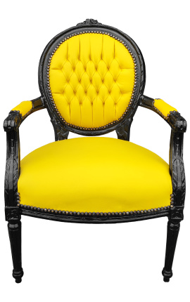 Baroque armchair Louis XVI yellow leatherette fabric and black wood