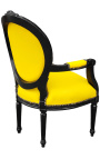 Baroque armchair Louis XVI style medallion in false yellow leather skin and black lacquered wood 