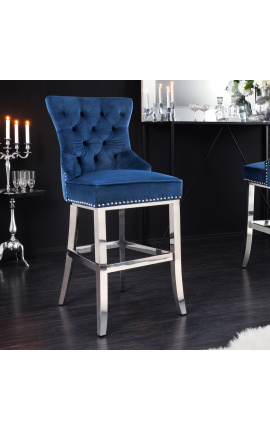 Modern baroque bar chair, diamond backrest, navy blue and chrome steel