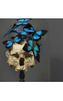 Skull Memento Mori con Papillons "Ulises Ulysses" bajo globo de vidrio en base de madera