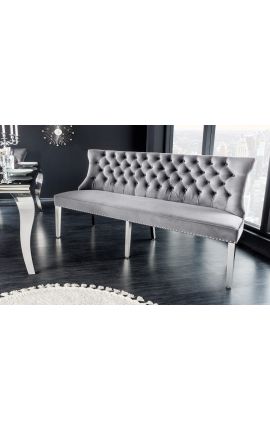 Modern baroque flat bench in gray velvet and chromed stainless steel