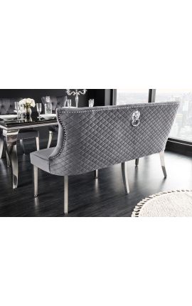 Modern baroque flat bench in gray velvet and chromed stainless steel