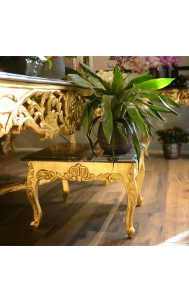 Square coffee table baroque with gilded wood and black marble