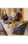 Big bergere armstoel Louis XV stijl blauw "Gobelins" satinweefsel en gouden hout