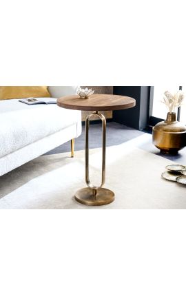 Table d&#039;appoint BENI métal couleur laiton et plateau en bois de manguier