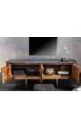 TV unit GABBY in mango tree wood with black marble top - 160 cm
