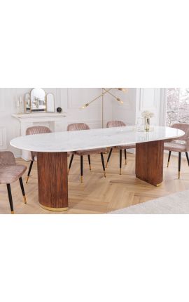 Jedálny stôl 240 cm GABBY oválny v mango drevo a biely mramor vrchné