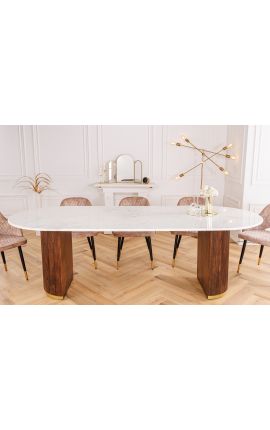 Spisebord 240 cm GABBY oval i mango træ og hvid marmor top