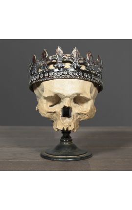 Menselijke schedel &quot;Memento Mori&quot; gepresenteerd op houten basis