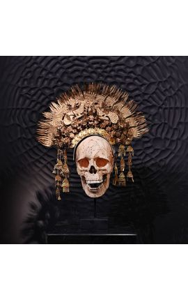 Memento Mori de Bornéu em metal preto fosco e suporte de madeira