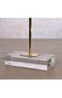 Clear Selenite block mounted on glass and gold metal stand