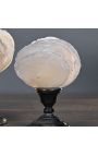 Set of 2 mother-of-pearl fans on black wooden baluster