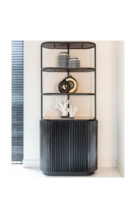 Black HENRY shelf cabinet in metal, wood and shelves in travertine