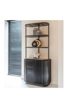 Black HENRY shelf cabinet in metal, wood and shelves in travertine