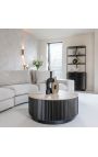 HENRY coffee table in black wood and top in beige travertine - Ø 90 cm