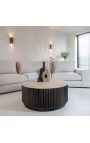 HENRY coffee table in black wood and top in beige travertine - Ø 90 cm