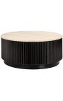 HENRY coffee table in black wood and top in beige travertine - Ø 90 cm