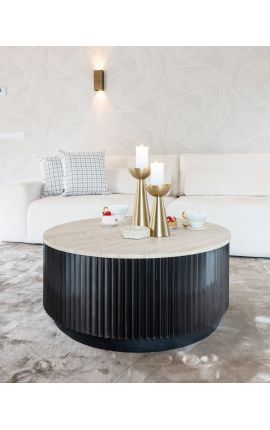 HENRY coffee table in black wood and top in beige travertine - Ø 90 cm