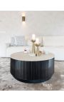 HENRY coffee table in black wood and top in beige travertine - Ø 90 cm