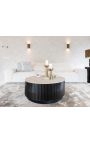 HENRY coffee table in black wood and top in beige travertine - Ø 90 cm