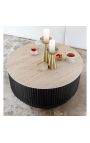 HENRY coffee table in black wood and top in beige travertine - Ø 90 cm